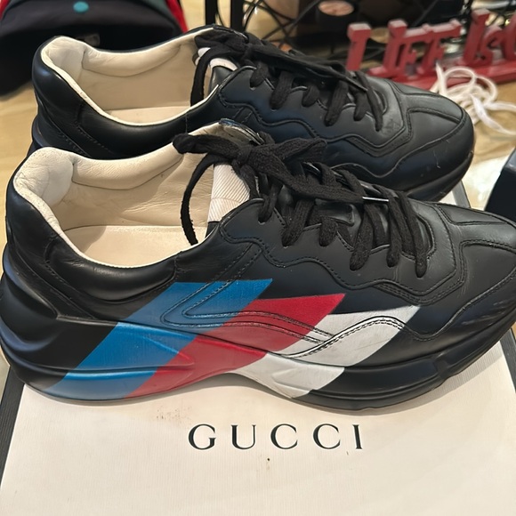 GUCCI SNEAKERS MENS BLACK LEATHER RHYTON WEB (Chas) - Picture 3 of 6